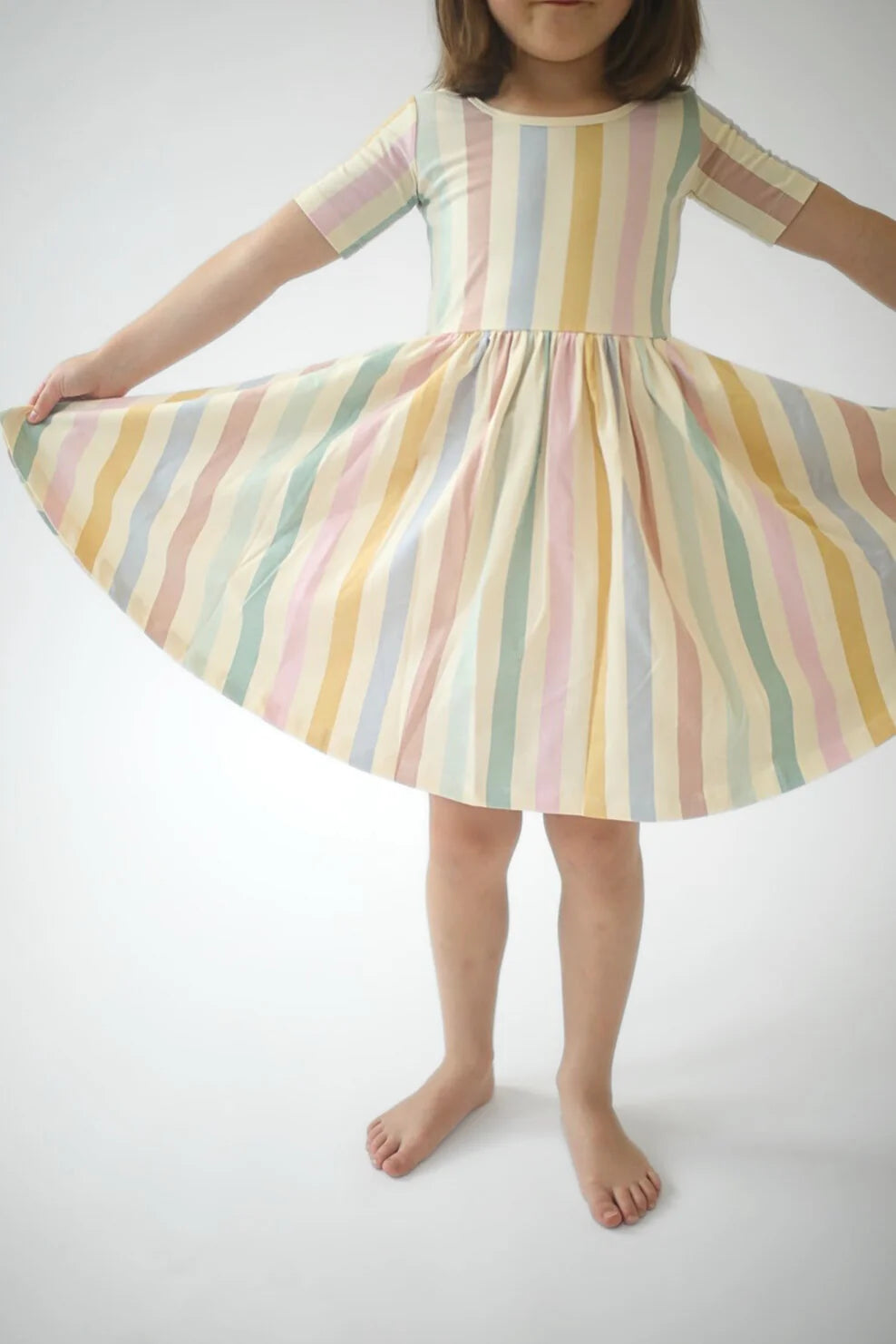 Short Sleeve Twirl Dress in Pastel Stripes