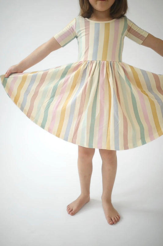 Short Sleeve Twirl Dress in Pastel Stripes