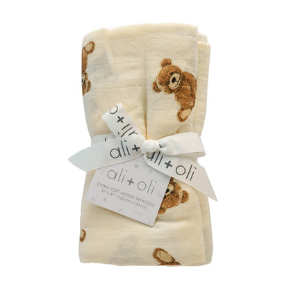 Teddy Bear Bamboo Muslin Swaddle Blanket