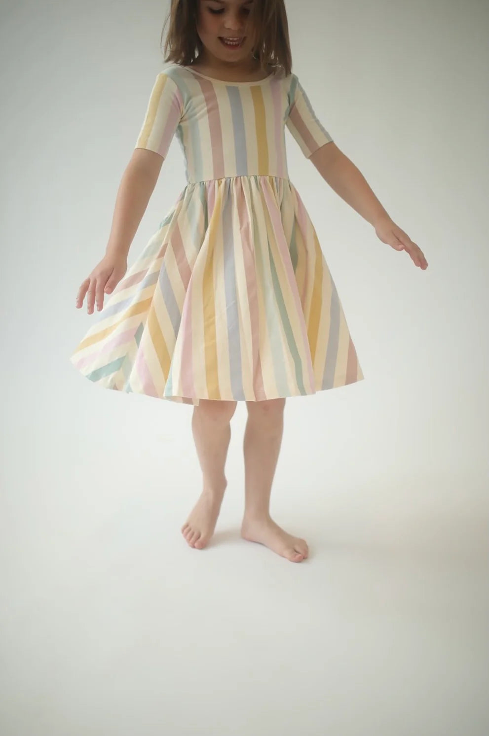 Short Sleeve Twirl Dress in Pastel Stripes