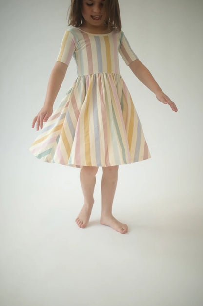 Short Sleeve Twirl Dress in Pastel Stripes