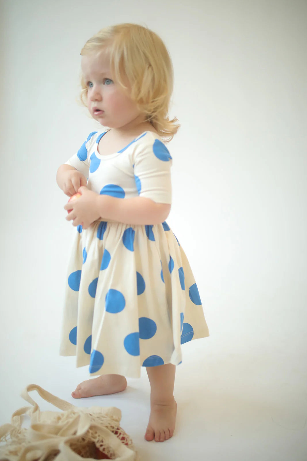 Short Sleeve Twirl Dress in Blue Dots