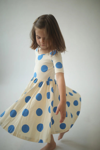 Short Sleeve Twirl Dress in Blue Dots