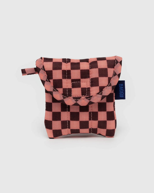 Pink Brown Check Puffy Earbud Case