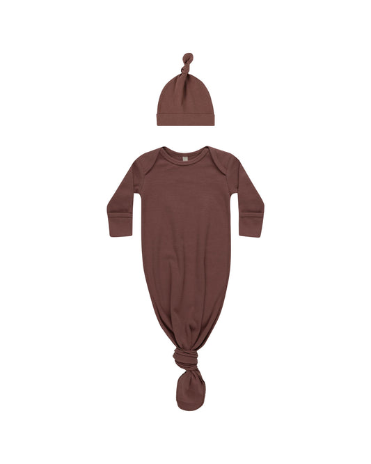 knotted baby gown + hat set | plum