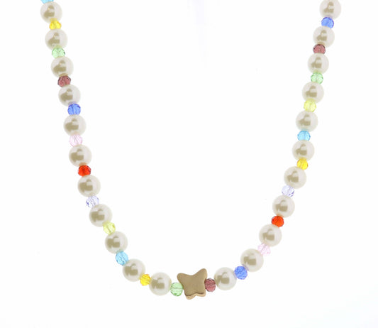 Kids 14" Pearl & Multi Faceted with Butterfly Necklace